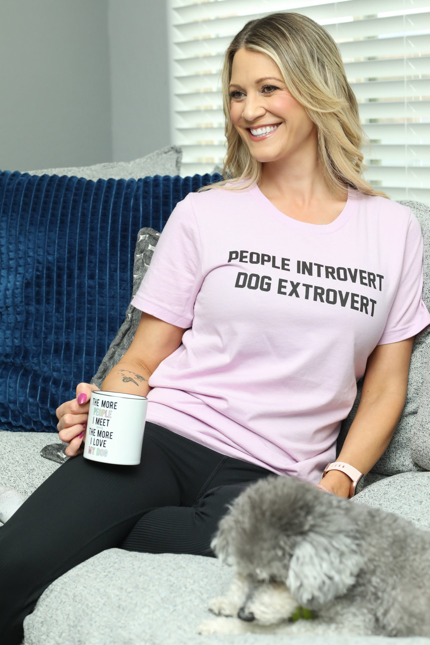 lilac t-shirt that reads, people introvert dog extrovert