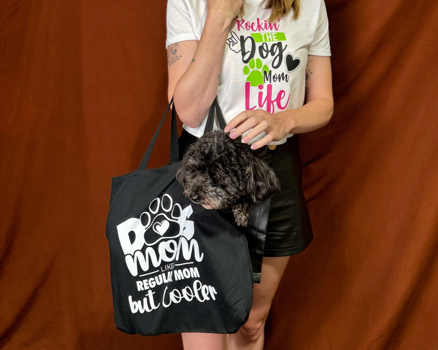 Rockin The Dog Mom Life Cropped T-Shirt with Rhinestones