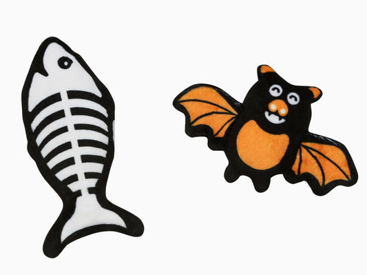 Bat & Fish Skeleton Halloween Cat Toys - Set of 2