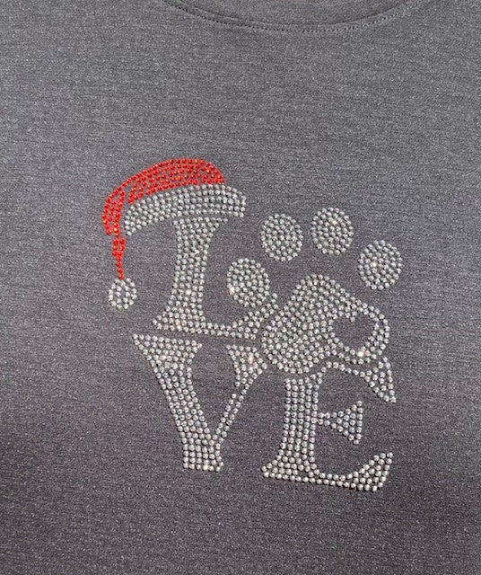 LOVE With Paw Print & Santa Hat in Rhinestones