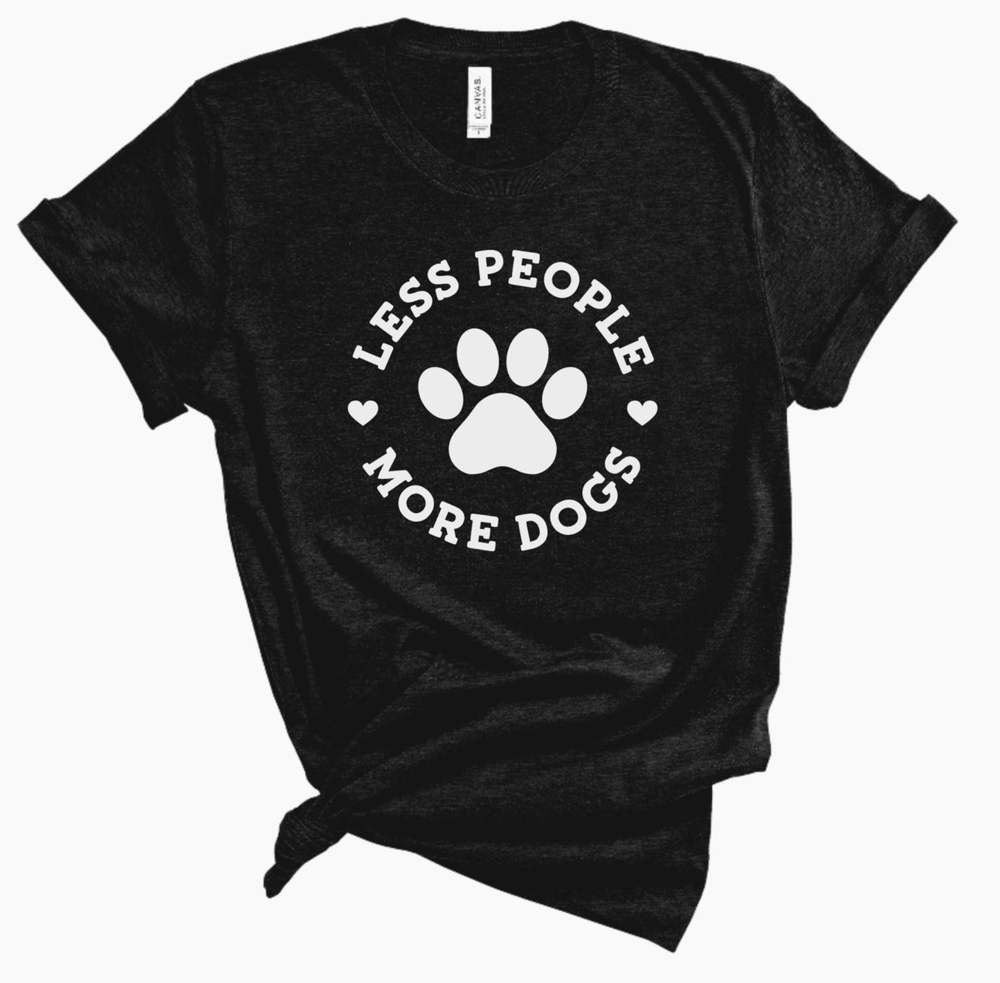 Black t-shirt that reads, less people more dogs