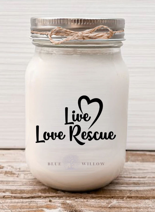 Candle that reads, live love rescue, scent is tranquil lavender