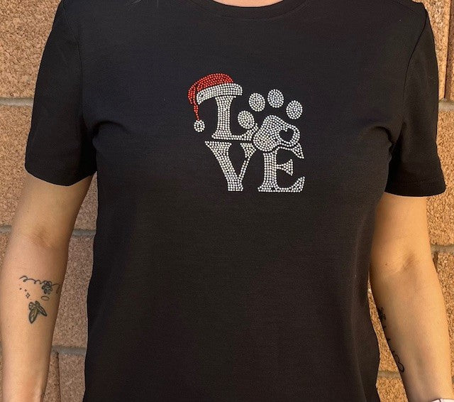 LOVE With Paw Print & Santa Hat in Rhinestones