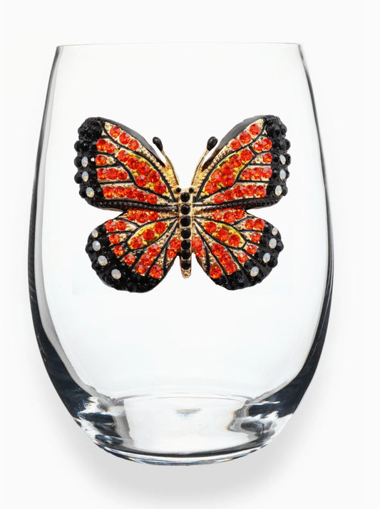 Monarch Butterfly Jeweled Stemless Wine Glass