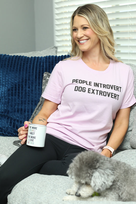 lilac t-shirt that reads, people introvert dog extrovert 