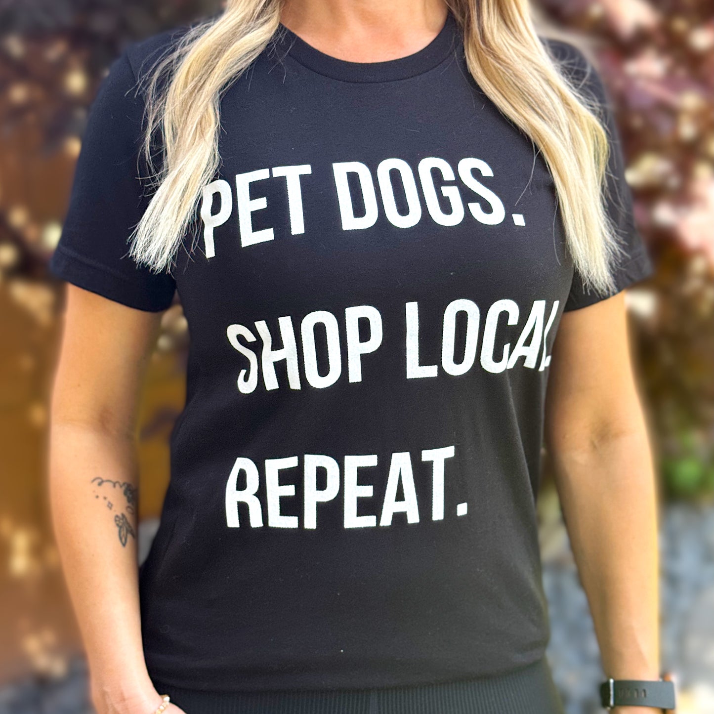 Pet Dogs. Shop Local. Repeat. T-Shirt in Black & White