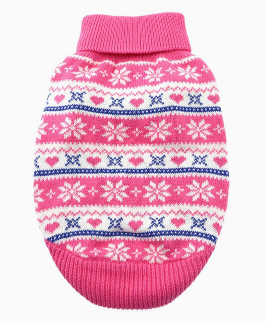 Snowflake and Hearts Dog Sweater - Pink, Small