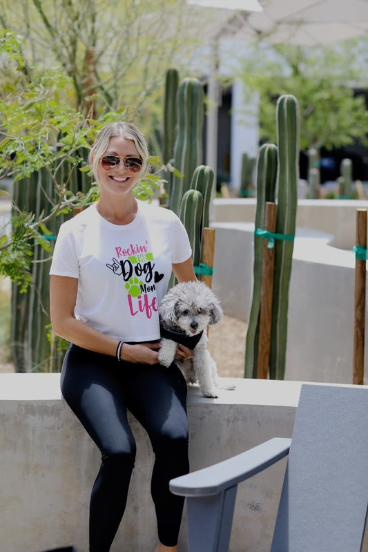 Rockin The Dog Mom Life Cropped T-Shirt with Rhinestones