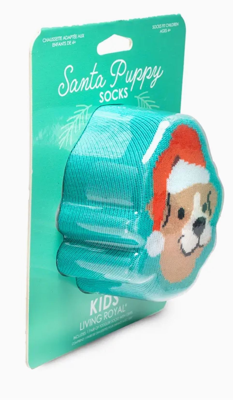 Santa Puppy Kids Socks - 3D Packaged Crew Socks - Holiday